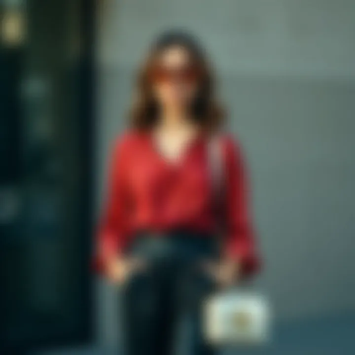 Stylish outfit pairing featuring a red printed blouse