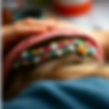 Embellished Headband with Embroidery Close-up of a blank headband being adorned with intricate embroidery and beads.