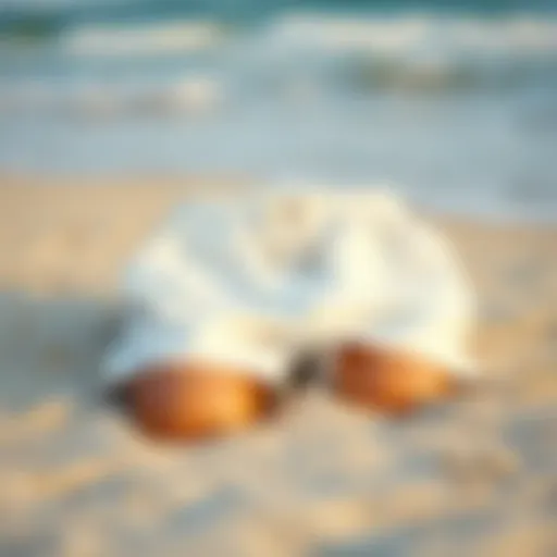 A stylish pair of white swim shorts resting on a sandy beach