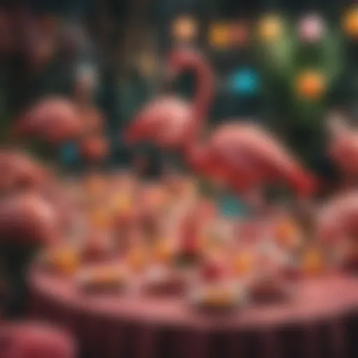 Colorful flamingo decorations at a vibrant party setup