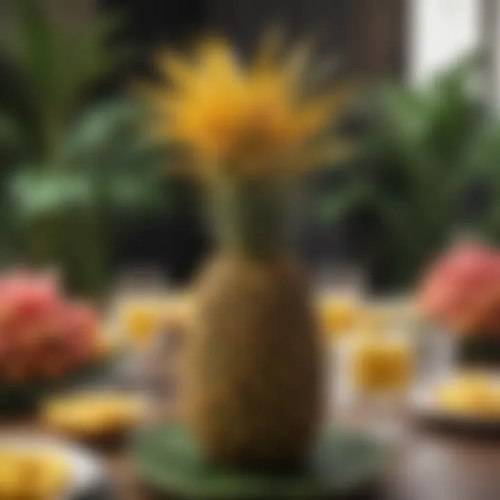 Tropical pineapple centerpieces on elegantly set tables