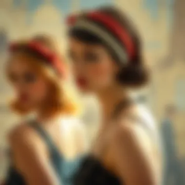 Historic fashion illustration depicting flapper girls wearing stylish outfits and headbands.