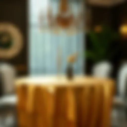 Luxurious Gold Foil Tablecloth on Dining Table Luxurious gold foil tablecloth draped elegantly on a dining table