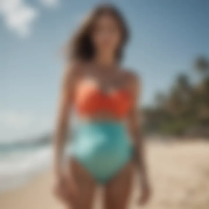 Stylish high waisted maternity swim bottom showcased on a beach