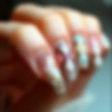 Close-up view of short length fake nails with intricate designs