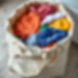 A large canvas laundry bag filled with colorful clothes