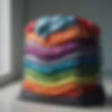 A large mesh laundry bag filled with colorful fabrics