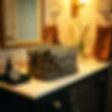 A stylish leopard print toiletry bag displayed on a vanity