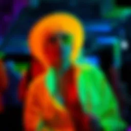 A vibrant outfit glowing under UV light at a party