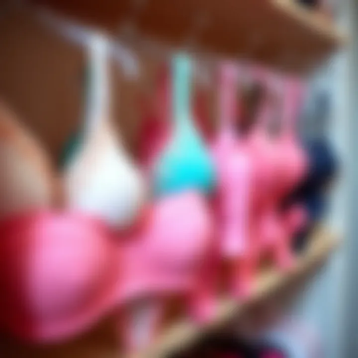 Color-coordinated bras and underwear on a shelf