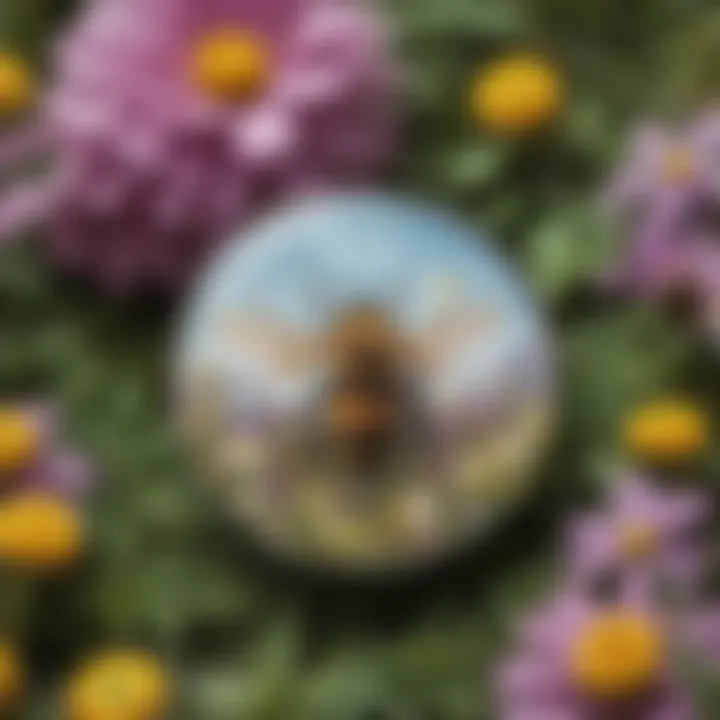 Close-up of Save the Bees pin surrounded by wildflowers