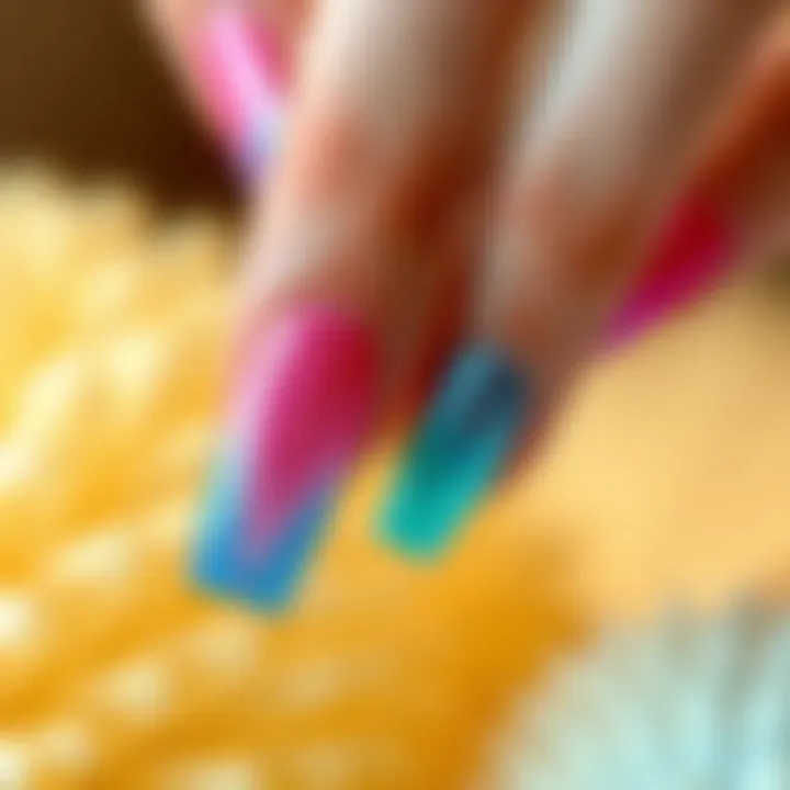 A stylish nail design showcasing multiple color transitions