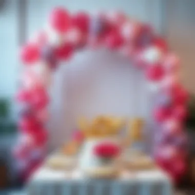 A beautifully arranged tabletop display featuring a balloon arch as the centerpiece