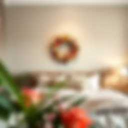 A beautifully arranged floral wreath on a bedroom wall