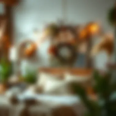 Rustic Wreath in Cozy Setting A rustic wreath made from natural materials hanging in a cozy bedroom