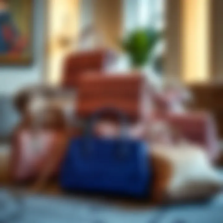 An elegant display of various glitter handbags arranged aesthetically on a stylish surface