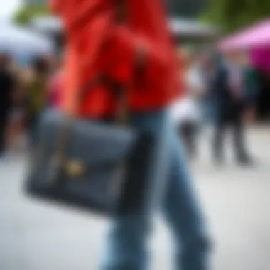 A fashion-forward individual confidently carrying a glitter handbag at a vibrant outdoor event