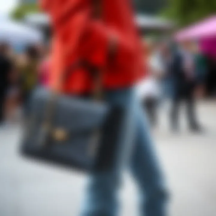 A fashion-forward individual confidently carrying a glitter handbag at a vibrant outdoor event