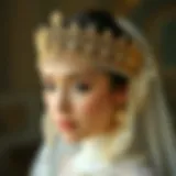 A bride adorned with a stunning gold crown, showcasing the intricate design.