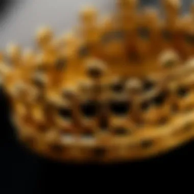 Close-up of a handcrafted gold crown highlighting the exquisite craftsmanship.