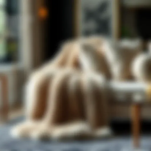 Elegant king size rabbit fur blanket draped over a modern sofa