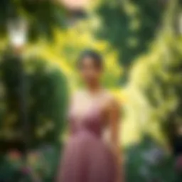 Elegant mesh bridesmaid dress in a garden setting