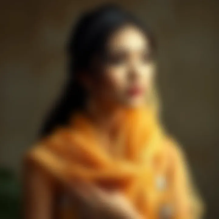 Artistic styling of a gold organza shawl paired with elegant evening attire