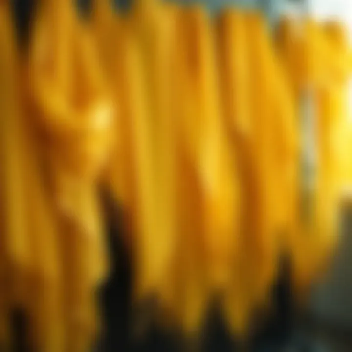 An array of gold organza shawls displayed creatively for a fashion showcase