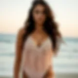 Elegant one-piece swimsuit with fringe details showcased on a beach