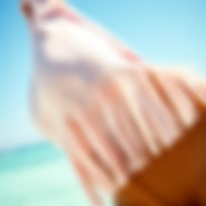 Close-up of fabric textures and fringe embellishments on a swimsuit