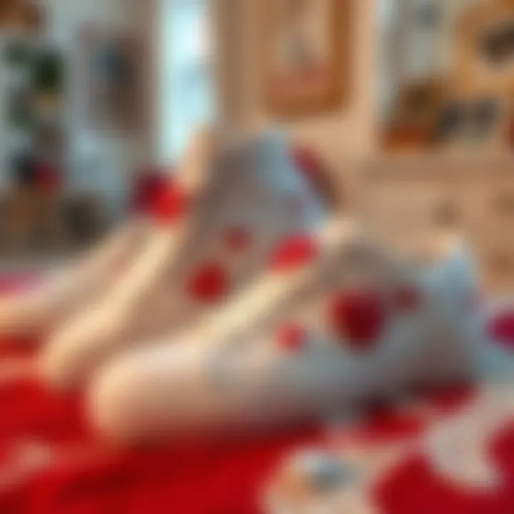 Artistic Display of Heart-Embellished Sneakers Artistic arrangement of heart-themed sneakers in lifestyle setting