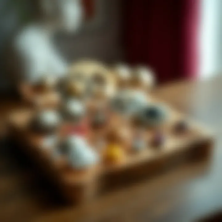 Contemporary brooches arranged artistically on a wooden board