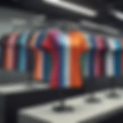 A stylish display of various color block t-shirt designs on a mannequin.