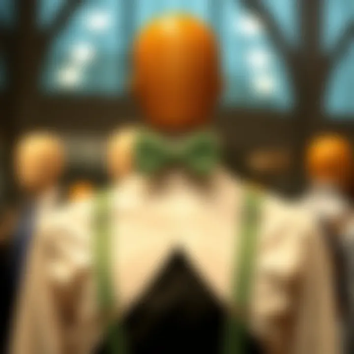 A well-dressed mannequin showcasing a refined outfit pairing sage green suspenders and a bow tie for an elegant occasion.