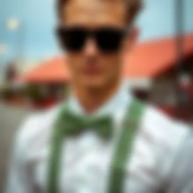 A stylish ensemble featuring sage green suspenders paired with a classic white shirt.