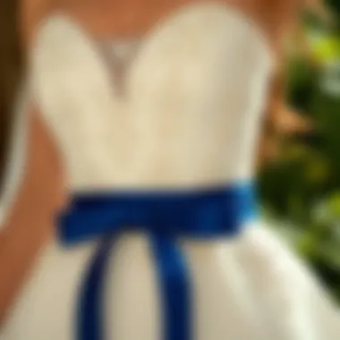 Bridal gown showcasing blue belt detail