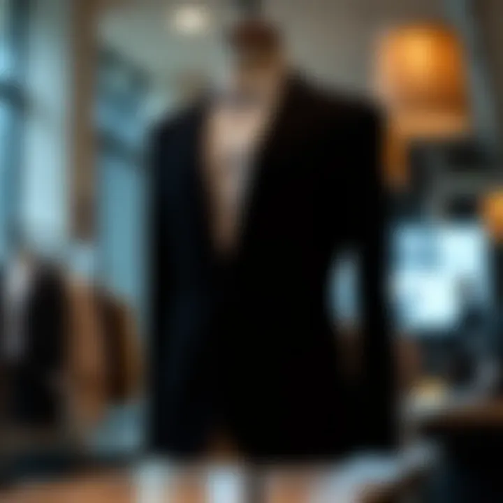 A classic business blazer displayed on a tailored mannequin, showcasing its structured silhouette.