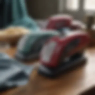 Different types of fabric shavers displayed on a wooden surface
