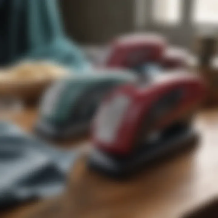 Different types of fabric shavers displayed on a wooden surface