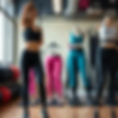 A diverse range of shapewear workout pants displayed in a modern fitness studio, showcasing various styles and colors.
