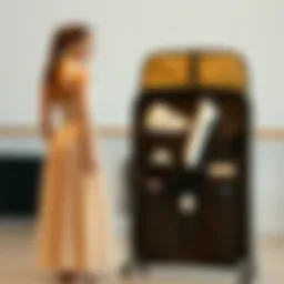 A dancer standing next to a stylish garment bag with pockets showcasing an organized interior.