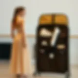 Stylish Dance Garment Bag Design A dancer standing next to a stylish garment bag with pockets showcasing an organized interior.