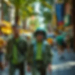 A vibrant street scene showcasing green street wear fashion