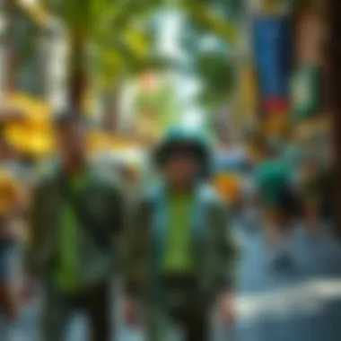 A vibrant street scene showcasing green street wear fashion