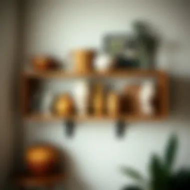 Artistic corner shelf with handmade ceramics and art pieces