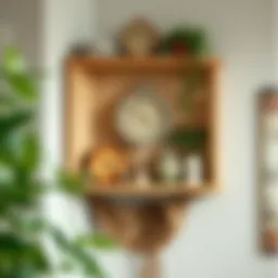 Elegant farmhouse corner shelf displaying vintage decor items