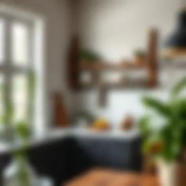 Rustic Reclaimed Wood Shelf in a Contemporary Kitchen A rustic corner shelf made of reclaimed wood in a modern kitchen