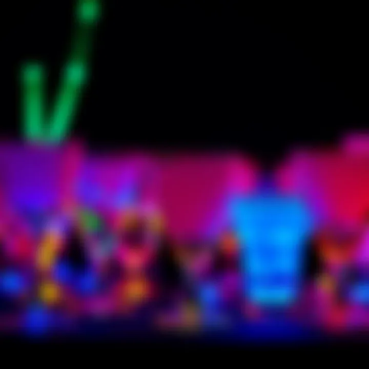 A collection of vibrant glow party glasses illuminated under black lights