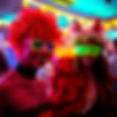 Creative use of glow glasses in a vibrant costume party setting