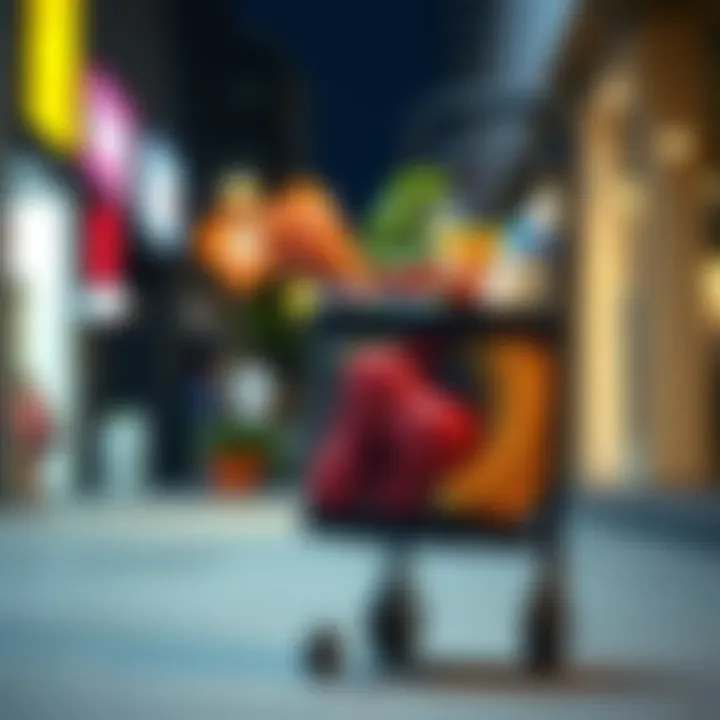 Stylish wheeled grocery bag in urban setting